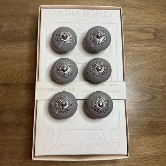 Cynthia Rowley New York Set Of 6 Drawer Cabinet Knobs Pull Gray Silver Ceramic - Picture 1 of 8